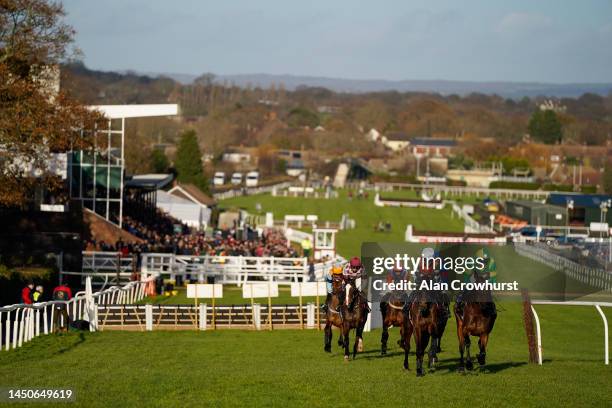 General view as runners make their way up the straight during The In Memory Of Susan Corrigan Mares' Handicap Hurdle at Plumpton Racecourse on...