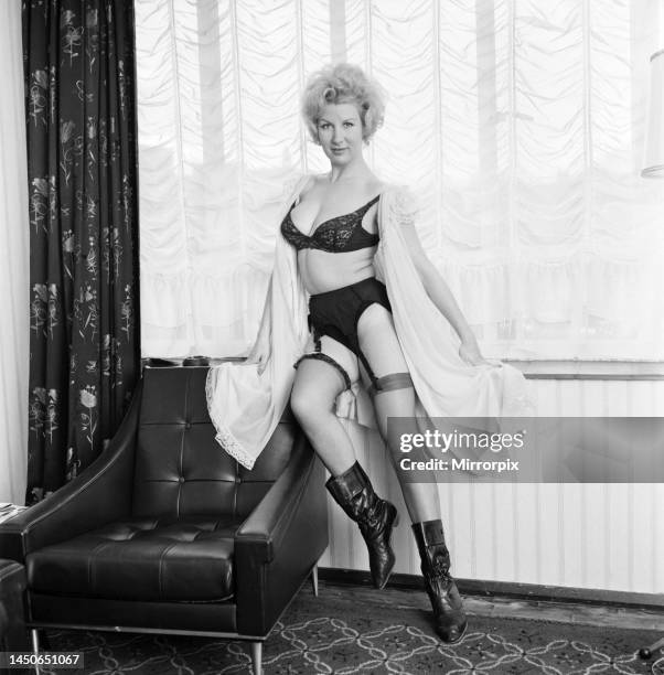 Caron Gardner modelling bra, knickers and suspenders. November 1963.