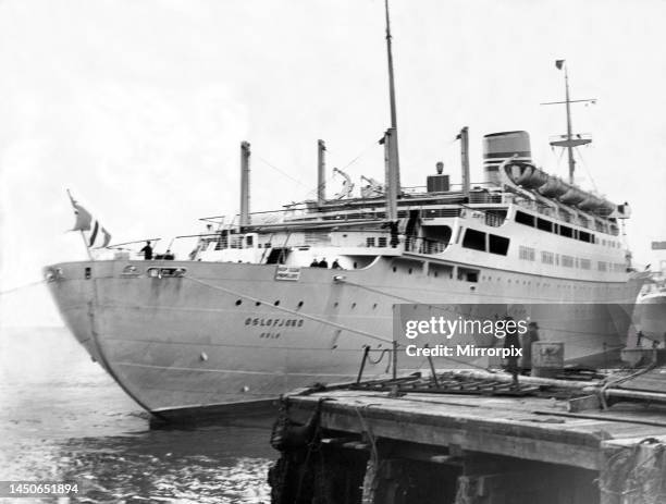 The ship Oslo Fjord leaves a shipyard in Wallsend on the River Tyne.