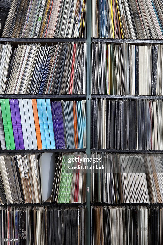 Rows of records on shelves