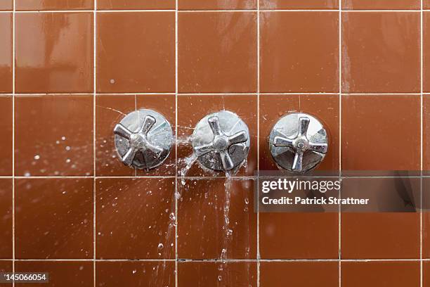 a shower faucet handle spraying leaking water - faucet imagens e fotografias de stock