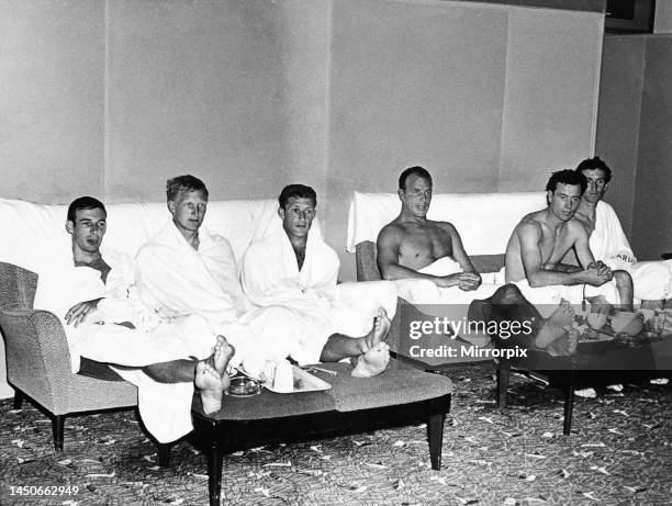 Welsh footballing great John Charles with his Cardiff City teammates during a session at the Turkish baths at the Empire Pool, Cardiff. Next to...