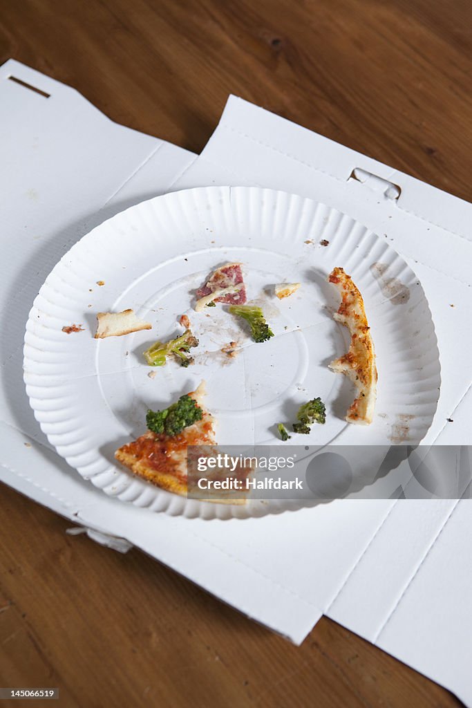 Pizza crusts on a paper plate in a cardboard box