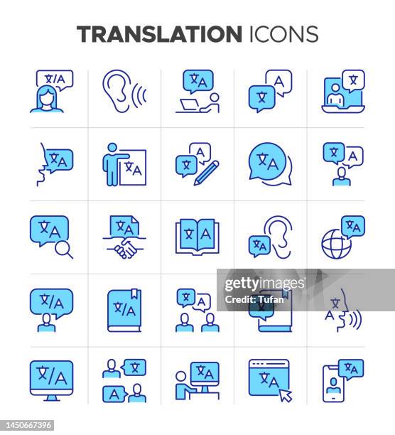 illustrations, cliparts, dessins animés et icônes de jeu d’icônes de traduction bleu - contour modifiable et symboles de traduction faciles à colorer - traduction