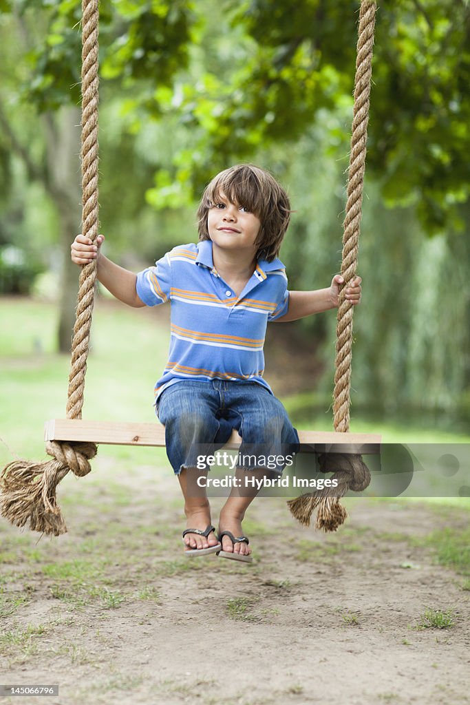 Smiling boy sitting in tree swing