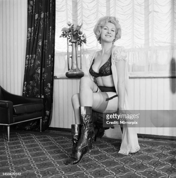 Caron Gardner modelling bra, knickers and suspenders. November 1963.
