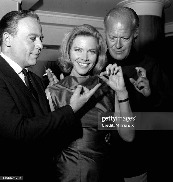 Actors Herbert Lom, Honor Blackman and Curt Jurgens. They were were at the launch of their new venture called Six Star Television Ltd. 14th May 1964.