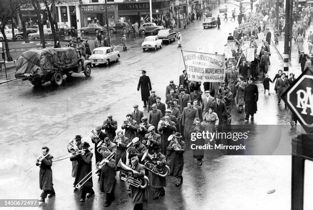 Vickers Armstrong workers march up Northumberland Street to a mass meeting on Newcastle Town Moor, in 1957. Out of the 10,000 workers who could have...