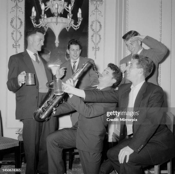 Manchester United celebrate at the Midland Hotel in Manchester after winning their FA Cup semi final match against Birmingham at Hillsborough. They...