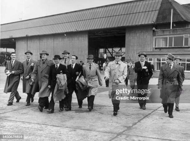 Manchester United footballers leave Ringway Airport, Manchester for their European Cup Semi Final match against Real Madrid. 9th April 1957.