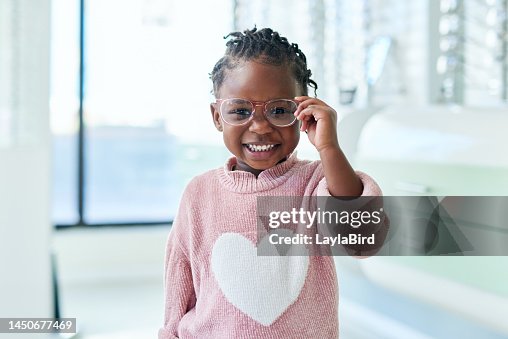 Shop, glasses and eyes of black child with vision healthcare, frame check or choice in retail with kids medical insurance. Eye care, store and african girl with lens for promotion sale. or marketing