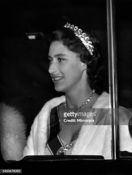 Princess Margaret leaves Clarence House to dine with the Queen Mother, October 1955.