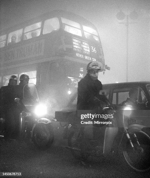 Traffic crawling along at 2 mph in the London smog. It took the photographer who took this image four hours to travel from Bexley in Kent to Fleet...