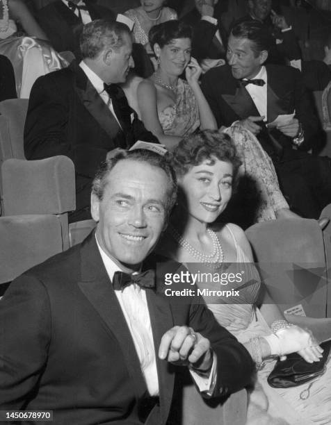 American actor Henry Fonda with his 4th wife Afdera Franchetti attending a performance at the theatre in London after flying in from their honeymmon...