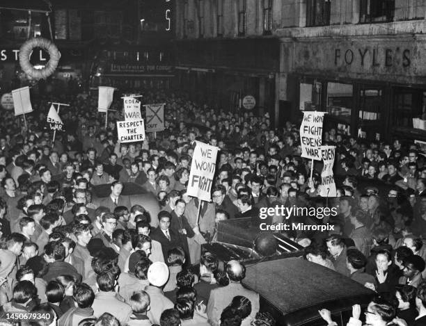 Suez Crisis 1956 - Demonstrators hostile to the governments Egypt policy protest in the streets of Central London. 5th November 1956.