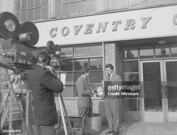 Jimmy Hill is interviewed by the BBC soon after he was released by students as part of their Rag Week escapades in Coventry. 28th February 1964.
