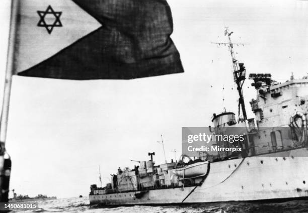 Suez Crisis 1956 - The Egyptian Destroyer Ibrahim El Awal is escourted into Haifa Harbour by Israeli warships. The ship was captured after being...