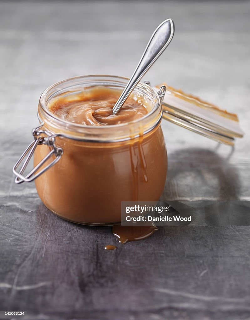 Close up of pot of caramel sauce