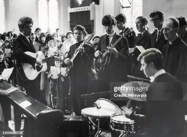 Pop group The King Bees provide a modern tempo accompaniment for the hymns at a beat service at St. Michael's Church, Bartley Green, Birmingham. 31st...