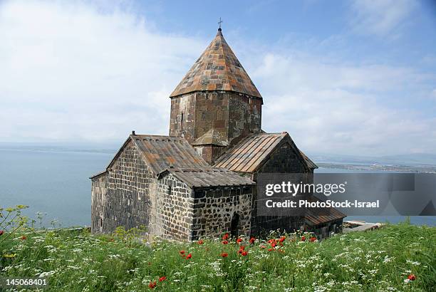 monastery on peninsula overlooking ocean - sevanavank monastery stock pictures, royalty-free photos & images