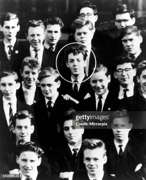 Paul McCartney of the Beatles circled in a school photograph 1950s.