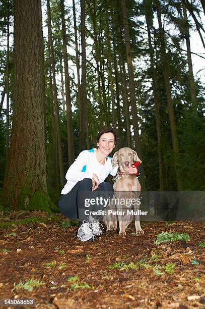runner smiling with dog in forest - weimeraner stock-fotos und bilder