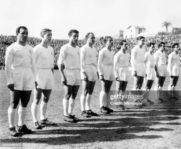 European Cup Quarter Final Second Leg match at the Stade Du Ray in Nice. Nice 2 v Real Madrid 3. . Madrid players left to right Joseito, Raymond...