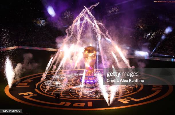 General view of a firework display before kick off during the FIFA World Cup Qatar 2022 Final match between Argentina and France at Lusail Stadium on...