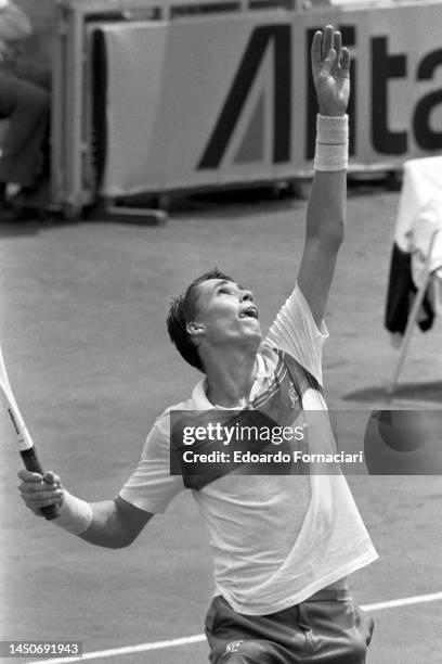 View of Czech tennis player Ivan Lendl as he serves the ball during a match at the International Tennis Championships, Rome, Italy, May 1, 1980.