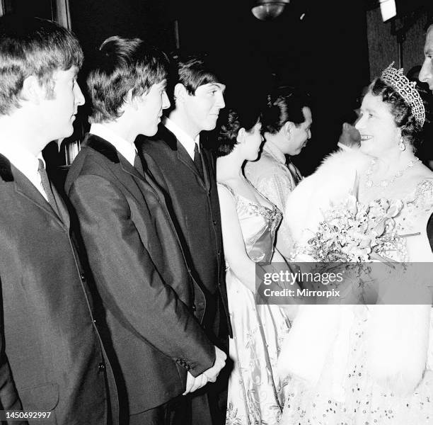 Queen Mother meets The Beatles at Royal Variety Performance at The Prince of Wales Theatre London. Beatles group left to right: John Lennon, George...