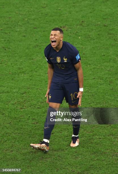 Kylian Mbappe of France reacts to a missed chance during the FIFA World Cup Qatar 2022 Final match between Argentina and France at Lusail Stadium on...