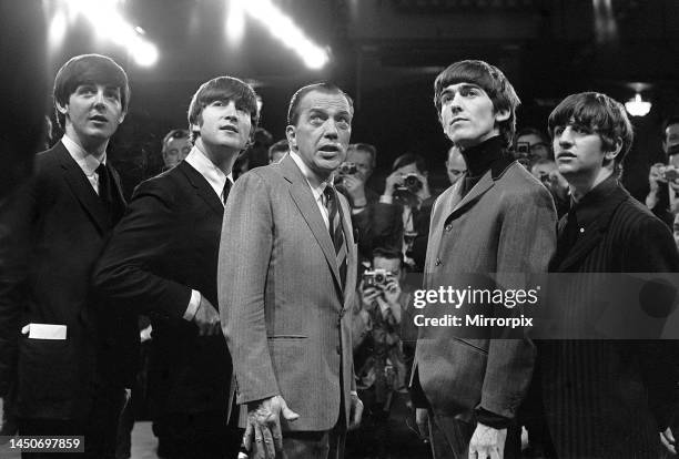 The Beatles with television host Ed Sullivan. 9th February 1964.