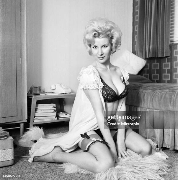 Caron Gardner modelling bra, knickers and suspenders. November 1963.