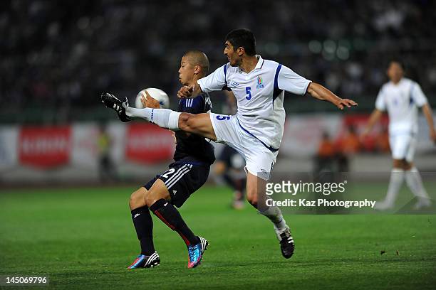 Takayuki Morimoto of Japan in action during the international friendly match between Japan and Azerbaijan at Ecopa Stadium on May 23, 2012 in...