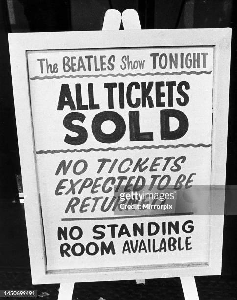Beatles concert at the Odeon Theatre, Cheltenham. A notice board showing that all tickets for the upcoming gig have been sold out. 1st November 1963.