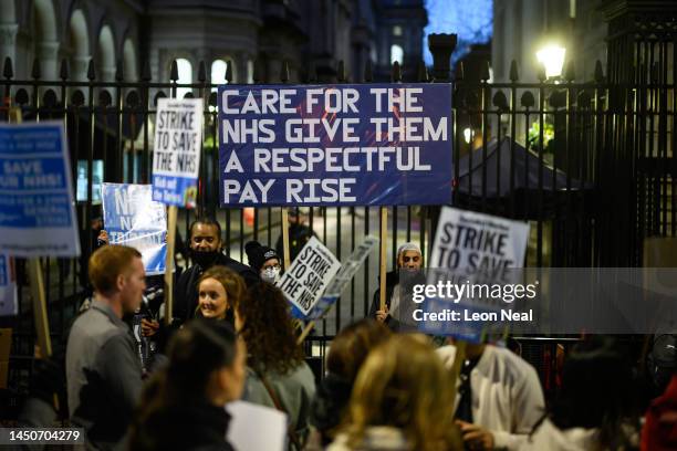 Workers and supporters gather outside Downing Street to protest during the second day of strike action by NHS nurses, on December 20, 2022 in London,...