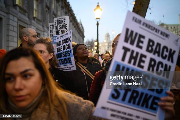 Workers and supporters gather outside Downing Street to protest during the second day of strike action by NHS nurses, on December 20, 2022 in London,...