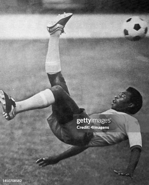 Pelé of Brazil in the act of making a bicycle kick in 1965.