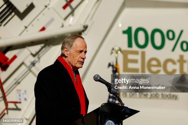 Sen. Tom Carper speaks at an event on new national clean air standards for heavy-duty trucks near the U.S. Environmental Protection Agency...