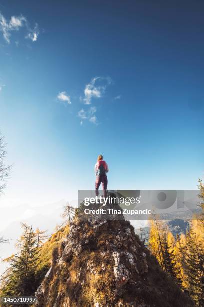foto verticale, vista posteriore della donna escursionista in piedi sulla cima della roccia in una soleggiata giornata autunnale che guarda il panorama dall'alto - tatra mountains foto e immagini stock