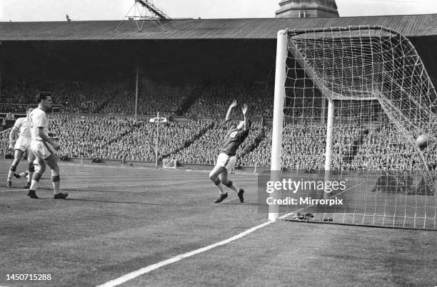 Cup Final at Wembley Stadium 4th May 1957 Manchester United v Aston Villa United's stand-in goalkeeper Blanchflower is beaten by a McParland shot for...