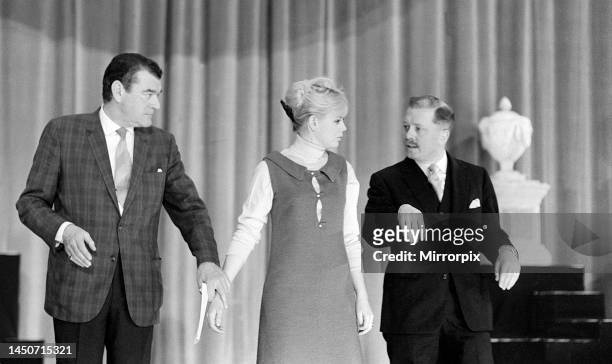 Jack Hawkins, Britt Ekland and Richard Attenborough rehearse for the Royal Film Performance. Feb 1964.