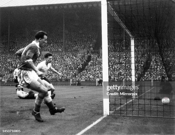 John Charles of Wales left scores against England in the international match between England and Wales at Wembley Stadium. England won 3-2. 10th...