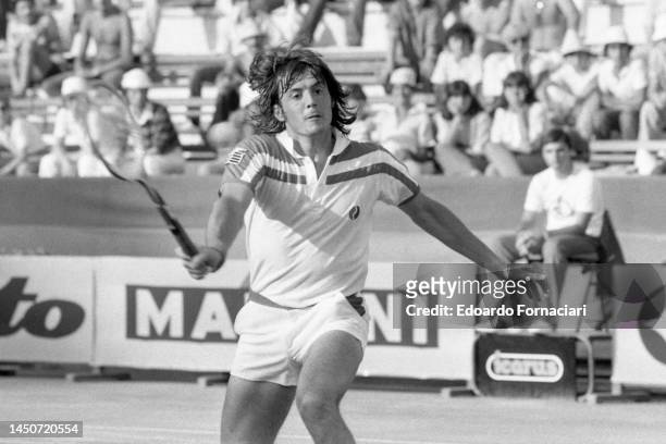 Italian tennis player Adriano Panatta returns a ball during the Italian tennis internationals, Rome, Italy, June 10, 1980. .