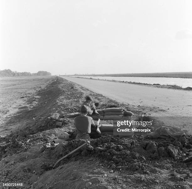Suez Crisis 1956 - The most forward positions of British troops near the Suez Canal, 22 miles south of Port Said. Egyptian troops occupy the hills in...