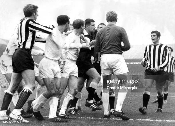 Leeds player Jack Charlton in the middle of this skirmish in a game against Newcastle United in October 1968.