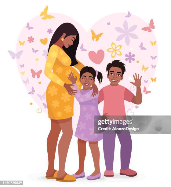 pregnant indian woman. happy mother's day. mom hugs her daughter and son. - indian mother stock illustrations