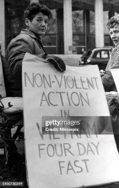 Pacifist campaigner Pat Arrowsmith on a four day fast in a non violent protest against the Vietnam War, sitting outside the US Embassy in Grosvenor...
