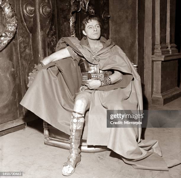 Actor Richard Burton on stage in costume as Coriolanus during rehearsals at the Old Vic theatre, London. February 1954.