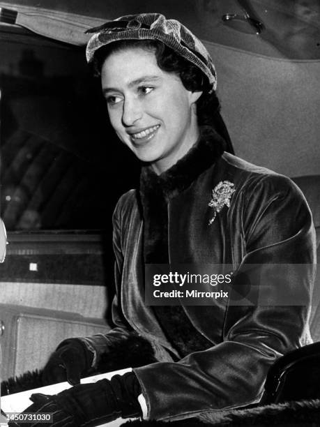 Princess Margaret in car as she drove through Poplar to open a Community CentreOctober 1955.